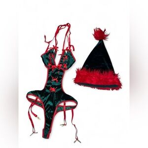 Red & Green Holiday Velvet Lingerie Set with Festive Hat